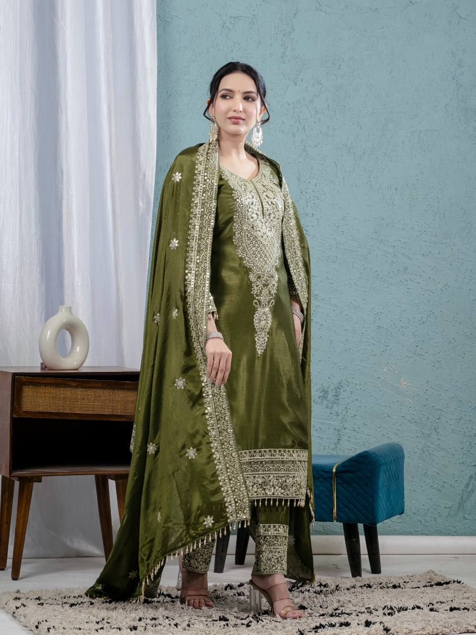 Deep Moss Satin Embellished Set